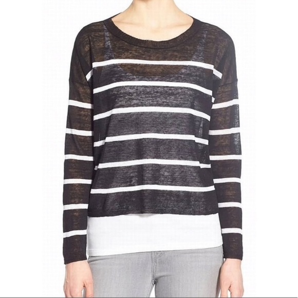 Eileen Fisher Fine Organic Linen Crepe Stripe Sheer Crop Top sz XS - Picture 3 of 14